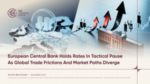 Euro symbol over Europe map and central bank building with market arrows, illustrating ECB’s rate hold amid global trade tensions. – EBC