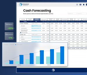 Screenshot of the Pegasus Insights cash forecasting module, displaying a line graph of projected cash balances alongside a detailed table of expected inflows and outflows by week.