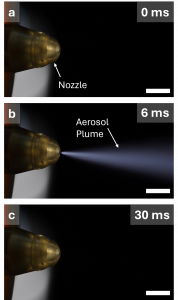 A montage of images a – c showing the precise activation and deactivation capability of KAER’s proprietary aerosolization nozzle. (Scale Bar 5 mm)