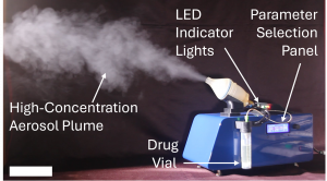 AeroPulsR™ generating high concentration aerosols of viscous protein molecules. The drug is loaded easily and aerosolization parameters are entered as prescribed. The LED indicators guide the patients on inhalation and exhalation duration. (Scale Bar 5 in)