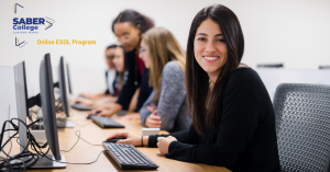 SABER College ESOL Program Student with computer taking online classes in professional setting