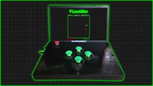 YouTube Thumbnail for the video produced by bl3i where he creates a Custom Arcade Machine for PlanckMan. There are 4 green round buttons on the base in the cardinal directions, and a red square in the upper left. Above the base is the screen of the laptop