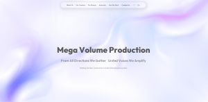 Mega Volume Production Inc. official website homepage displaying navigation menu, and hero section with tagline 'Uniting Voices, Amplifying Impact' - showcasing MCN agency services connecting North American brands with Chinese and Asian influencers