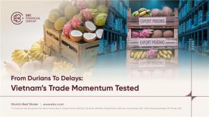 Crates of tropical fruits such as durians, coconuts, bananas, and dragon fruit marked “Export Pending” are stacked in a warehouse, reflecting Vietnam’s export delays - EBC