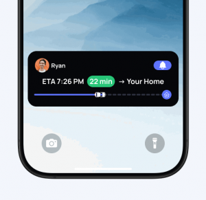 Smartphone lock screen displaying OtoZen’s Live Activity feature showing the estimated time of arrival and trip progress bar, allowing families to track loved ones without opening the app.