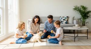 Happy Family adopts a puppy from Blue Sky Puppies Pet Store