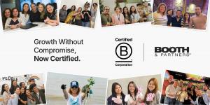 Booth & Partners team members in the Philippines and Colombia celebrating B Corp Certification with group photos, community activities, and team gatherings.