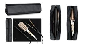 Black TREND-X hair styling tools organizer with open and closed views.