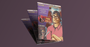 3D-rendered display of Kevysie International magazine. The cover features a stylized cartoon of a man in a red polo and backwards cap with a pencil behind his ear. 