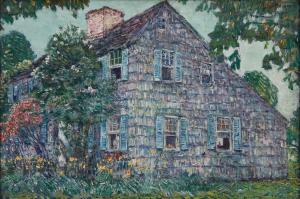 Oil painting titled "Old House, East Hampton" by artist Childe Hassam