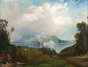 Oil painting titled "View of Fairmont Waterworks, Philadelphia" by artist Thomas Moran