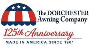 Logo for the Dorchester Awning Company with scalloped awning icon in red, white & blue and the company name
