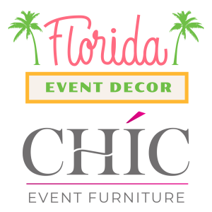 Logos of Florida Event Decor and Chic Event Furniture, leading Florida companies specializing in event décor, furniture rentals, and design services for corporate events, weddings, and luxury celebrations.