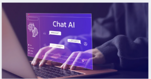 Hands typing on a laptop with a holographic-style overlay displaying a chat AI interface, highlighting AI-driven interaction design.