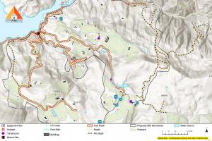 Sample Enhanced Resilience Site (ERS) map for demonstration purposes. This illustrative example highlights the types of infrastructure, access, and treatment zones prioritized in wildfire resilience planning. Not a final or approved site plan.
