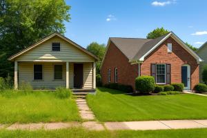 Vacant house with closed windows and overgrown grass next to a well-kept, occupied home with trimmed lawn and open blinds