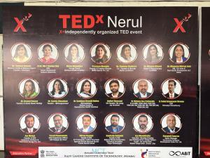 TEDx Nerul 2025 speaker banner displaying portraits and names of all speakers, including Dr. Mohana Rao Patibandla, along with their titles and affiliations, hosted at Rajiv Gandhi Institute of Technology, Mumbai.
