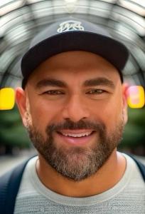 "Professional headshot of AJ Sabbah smiling, wearing a dark cap, taken under a domed glass structure in Los Angeles."