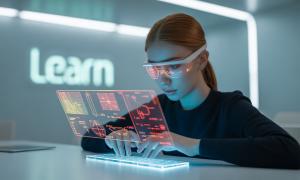 Gamma created image of a female student with AR glasses and holographic educational content.
