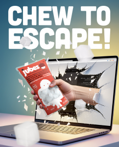 A hand holding a red Jubes pouch bursting through a laptop screen with nata de coco cubes flying, accompanied by the words “Chew to Escape