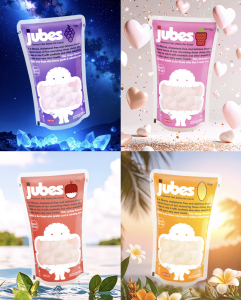 Four Jubes nata de coco pouches floating in visually distinct settings — cosmic night, heart-themed pink, tropical ocean, and island sunset — to showcase flavor personalities.