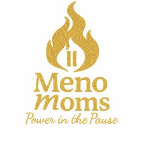 Meno Moms logo featuring a flame symbol and bold serif text representing midlife empowerment for women.