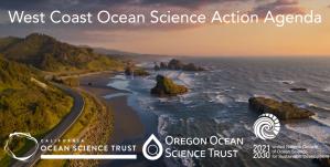 View of West Coast highway and ocean with California Ocean Science Trust, Oregon Ocean Science Trust, and United Nations Decade of Ocean Science for Sustainable Development logos.