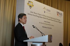 Singapore Minister for Defence Chan Chun Sing provides remarks at the ceremony for a new joint degree program between the National University of Singapore’s, Temasek Defence Systems Institute and the Naval Postgraduate School, July 23.
