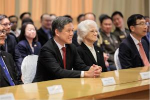 SSingapore Minister for Defence Chan Chun Sing and Naval Postgraduate School President retired U.S. Navy Vice Adm. Ann E. Rondeau, Ed.D., listen remarks at the signing ceremony for a new joint degree.