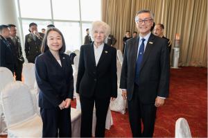 Lisa S. Liao, U.S. Embassy Chargé d’Affaires, Naval Postgraduate School President retired U.S. Navy Vice Adm. Ann E. Rondeau, Ed.D., and National University of Singapore President Professor Tan Eng Chye celebrate the announcement of a new joint degree.