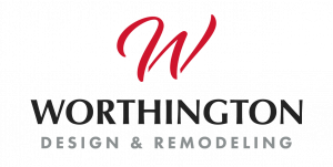 A black, red, and whote logo for Worthington Design & Remodeling in Indiana.
