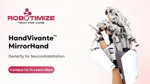 HandVivante™ hand exoskeleton device shown in use during rehabilitation therapy, supporting finger and hand movement with adaptive robotic assistance.