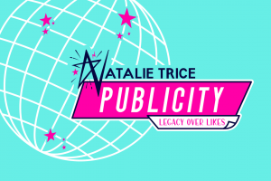 A turquoise and pink logo for Natalie Trice Publicity with an outline of the globe to represent breaking news.