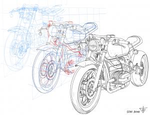Step-by-step motorcycle drawing in perspective by artist Gene Bond, showing construction lines in blue and red alongside the finished detailed line art of a café racer-style bike, illustrating the process from wireframe to completed illustration.