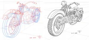 Side-by-side view showing Gene Bond’s step-by-step motorcycle drawing process. On the left, a perspective wireframe sketch in red and blue construction lines; on the right, the completed detailed line art of a vintage-style motorcycle.