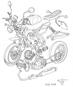 Detailed exploded view drawing of a café racer motorcycle by Gene Bond, showing each major component—frame, engine, wheels, seat, exhaust, and smaller parts—separated in space to reveal structure and assembly.