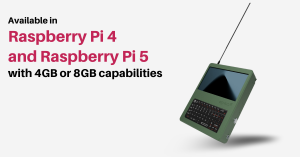 Tactical green SpecFive Nomad 2 portable Linux workstation with 5" touchscreen, built-in QWERTY keyboard, antenna connector, and rugged PETG housing.