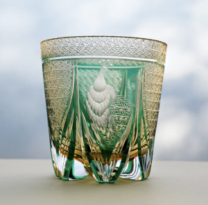 Edo Kiriko Handcrafted Emerald Peacock Whisky Glass