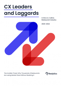 Cover of Realytics’ “CX Leaders and Laggards” 2020–2024 report, featuring blue upward and red downward arrows to symbolize top- and low-performing U.S. café and restaurant brands, with the subtitle on market share loss risks
