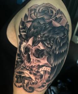 Healed American Traditional tattoo featuring eagle and rose, done at Golden Child Tattoo