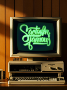 A picture of a vintage Apple II personal computer on an office desk, "Sactown Famous" brand logo prominently displayed on computer monitor in green monochrome.