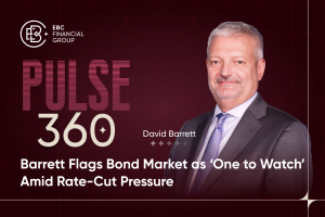 David Barrett, CEO of EBC Financial Group (UK) Ltd, in promotional graphic for Pulse 360° podcast episode on Spotify, titled “Barrett Flags Bond Market as ‘One to Watch’ Amid Rate-Cut Pressure” – EBC.