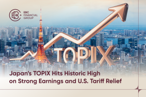 Japan’s Tokyo skyline with Tokyo Tower in the foreground, overlaid with a rising arrow and the word “TOPIX,” symbolising the index’s historic surge driven by strong earnings and U.S. tariff relief. – EBC