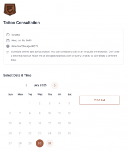 Screenshot of Elvis Tattoos online booking calendar for free tattoo consultations.
