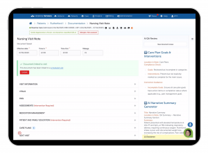 Screenshot of HospiceWorks Nursing Visit Note with AI Quality Assurance review panel highlighting care plan goals, interventions, and automated narrative summary.
