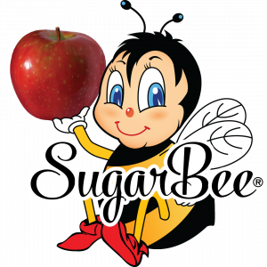 The SugarBee® mascot holding a SugarBee® apple.