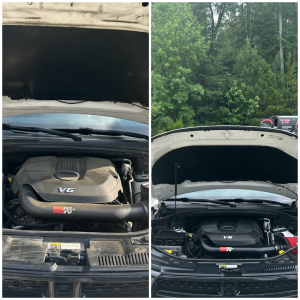Side-by-side comparison of a V6 engine before and after professional mobile auto detailing, highlighting the cleanliness and attention to detail by Auto Love Pro Detailing in Williamsburg, Virginia.