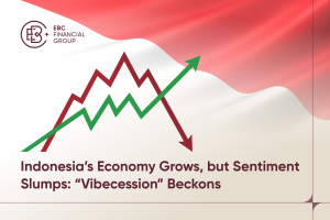 Two intersecting line graphs — a green upward trend and a red downward trend — over a soft-focus Indonesian flag, representing the gap between Indonesia’s economic growth and weakening public confidence - EBC