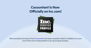 Cocountant verified profile badge on Inc.com with announcement of official listing and acceptance.