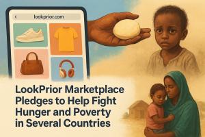 Illustration showing LookPrior.com’s online marketplace on a tablet with items for sale, alongside images of a child holding bread and a mother comforting her child, symbolizing the fight against hunger and poverty.